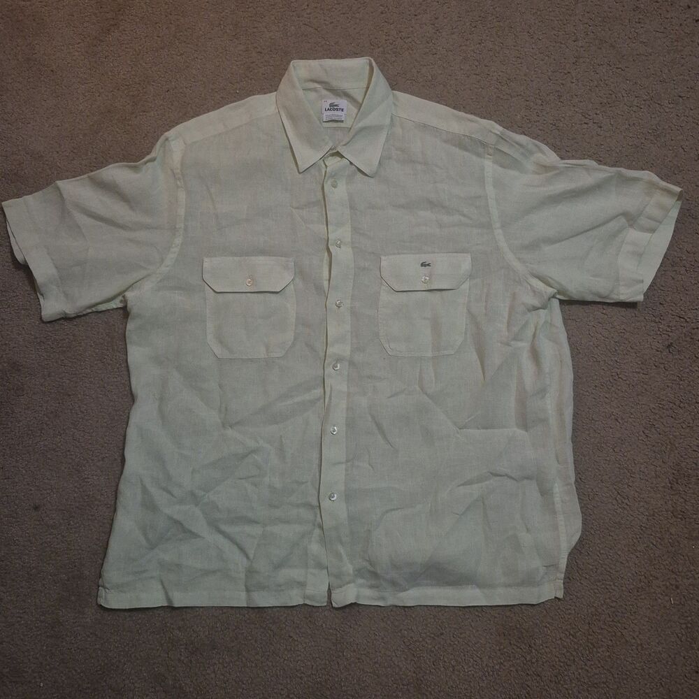 Lacoste Linen Shirt Men's 44 XL Green Knit Button Up Casual Beach Work